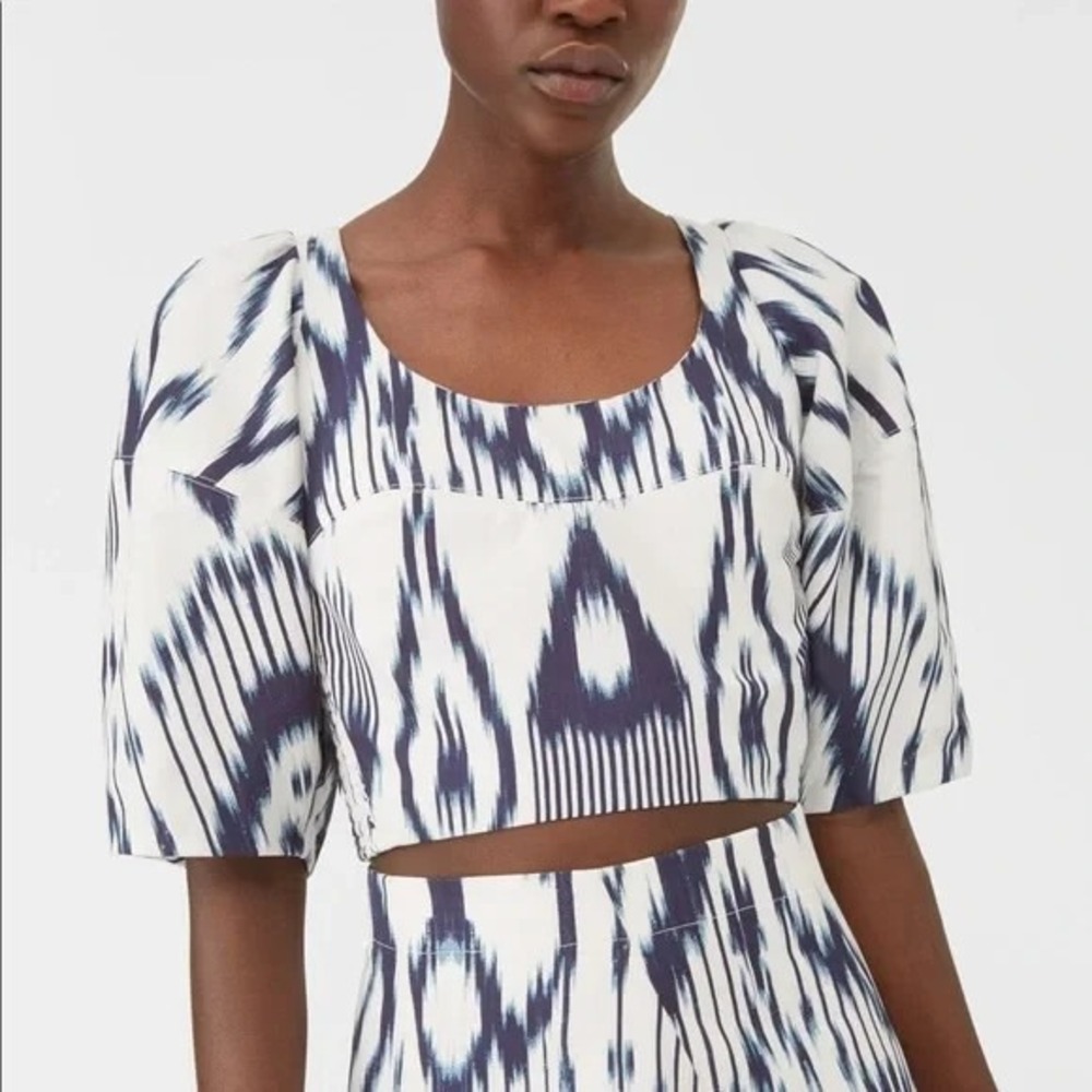 Rebecca Taylor Linen Crop Top Womens Size 0 White Ikat Print Smocked Puff Sleeve